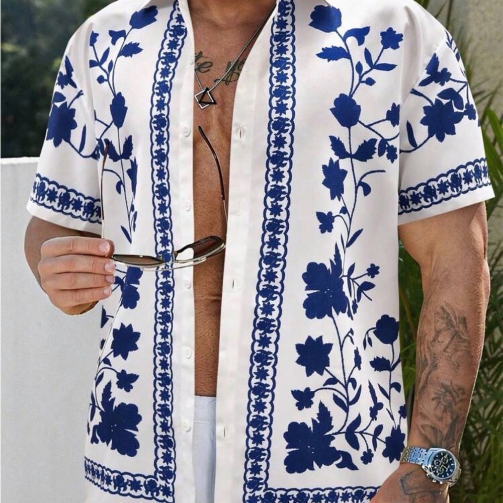 SHEIN Men's White and Navy Floral Button Down Shirt